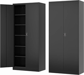 Metal Storage Cabinet-72” Black Tall Steel File Cabinets with Lockable Doors and Adjustable Shelves-Black Steel Storage Cabinet for Kitchen, Office, Garage