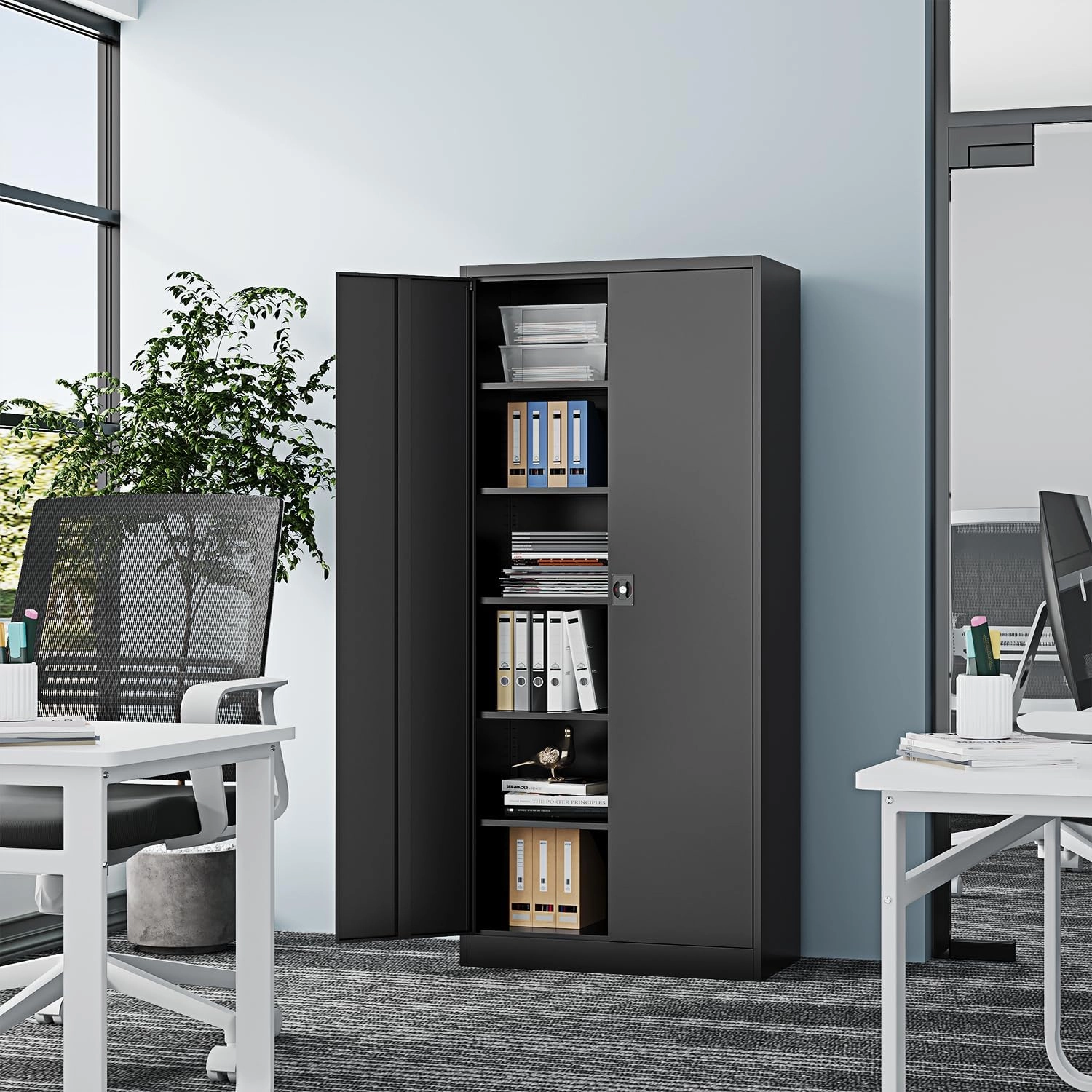 Metal Storage Cabinet-72” Black Tall Steel File Cabinets with Lockable Doors and Adjustable Shelves-Black Steel Storage Cabinet for Kitchen, Office, Garage
