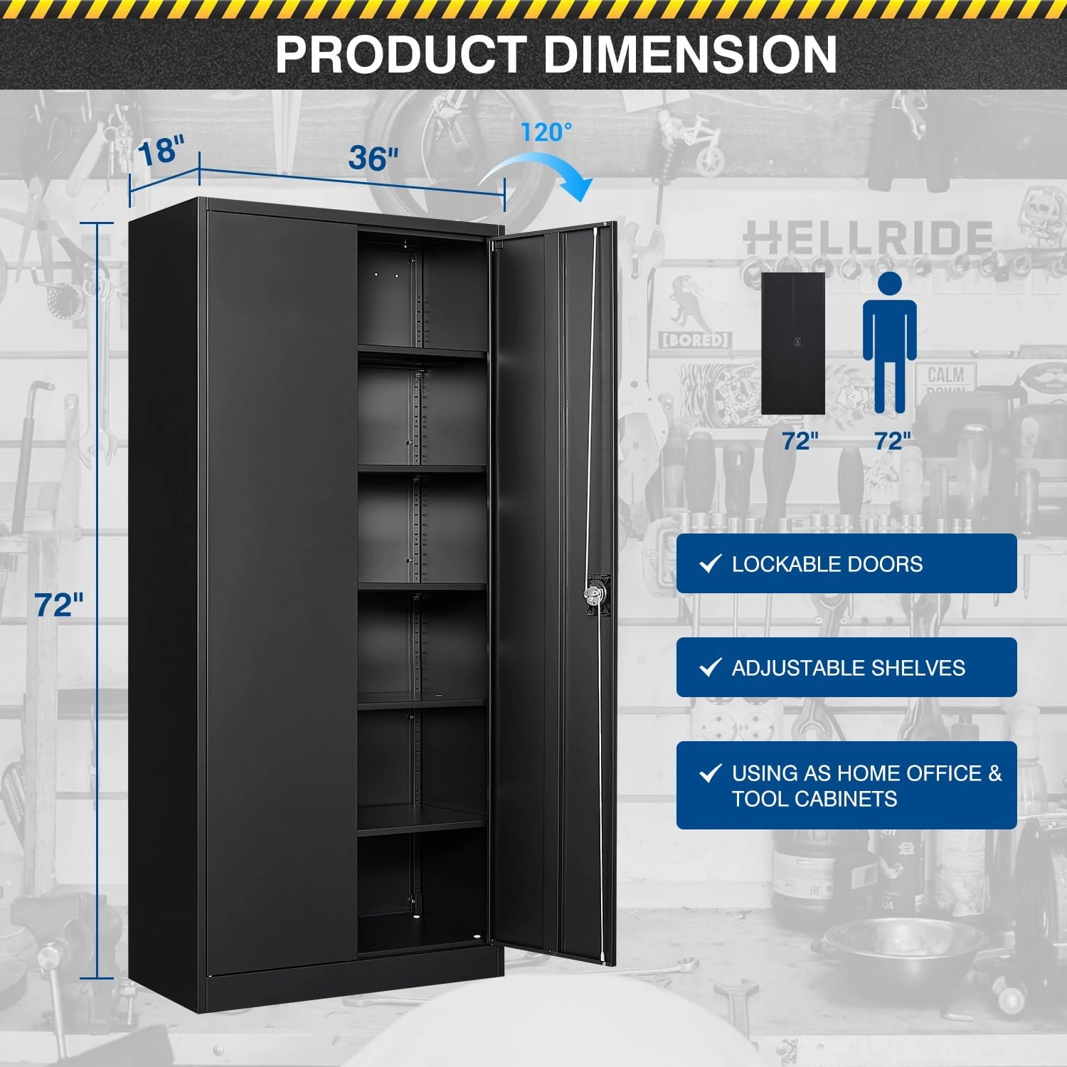 Metal Storage Cabinet-72” Black Tall Steel File Cabinets with Lockable Doors and Adjustable Shelves-Black Steel Storage Cabinet for Kitchen, Office, Garage