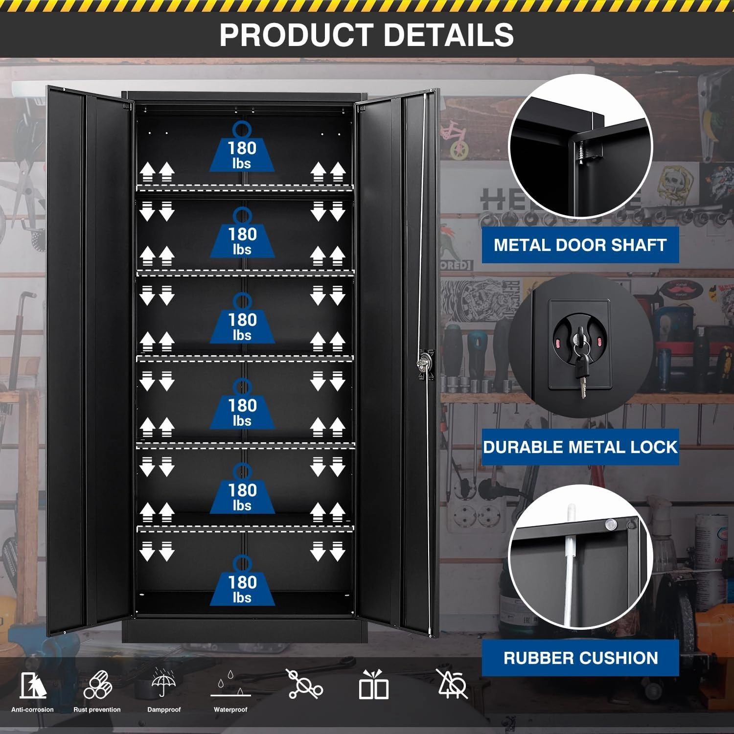 Metal Storage Cabinet-72” Black Tall Steel File Cabinets with Lockable Doors and Adjustable Shelves-Black Steel Storage Cabinet for Kitchen, Office, Garage