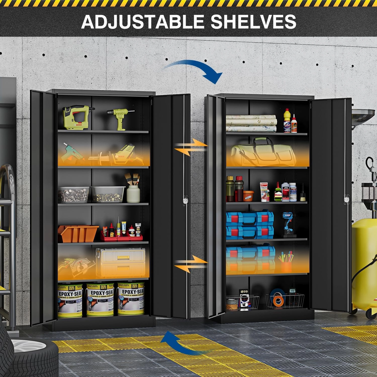 Metal Storage Cabinet-72” Black Tall Steel File Cabinets with Lockable Doors and Adjustable Shelves-Black Steel Storage Cabinet for Kitchen, Office, Garage