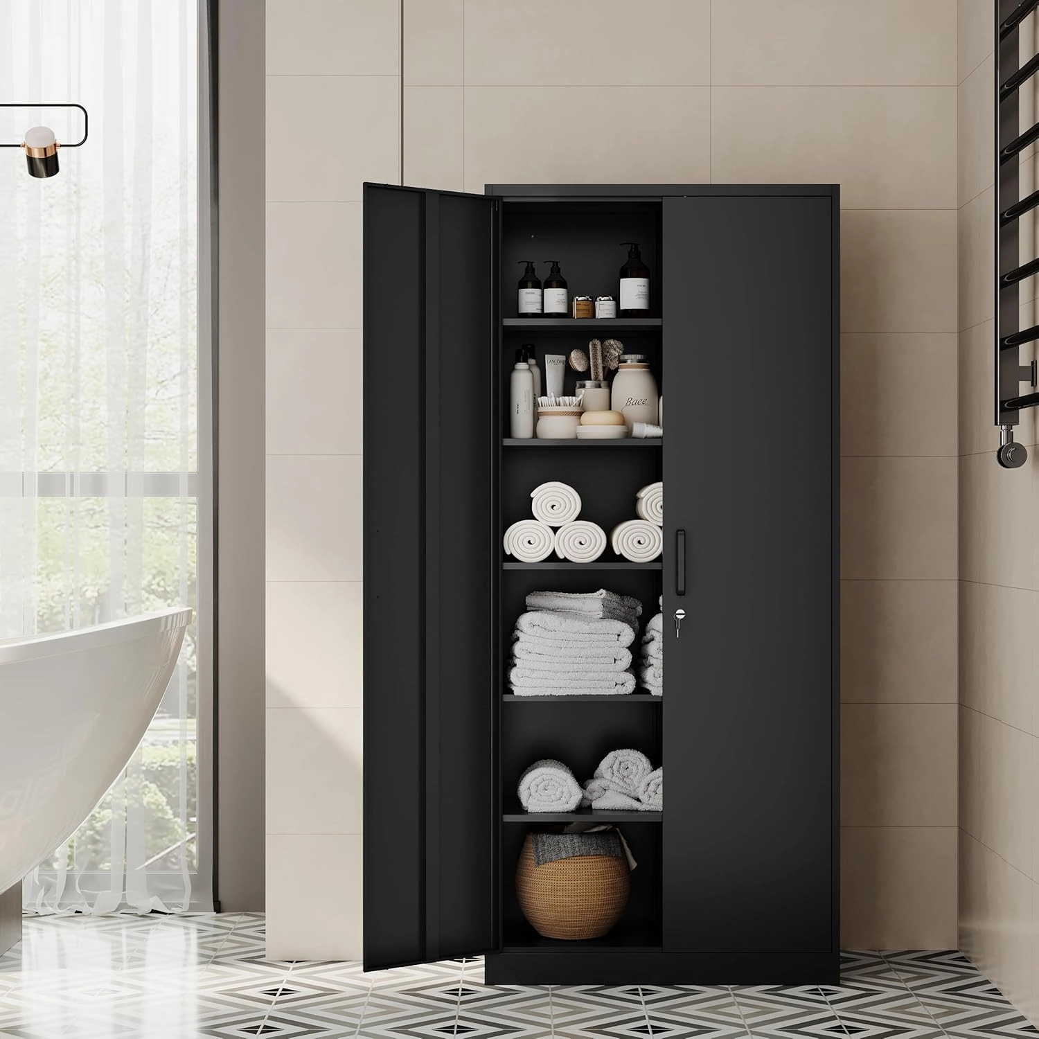 Metal Storage Cabinet-72” Tall Steel File Cabinet with Lockable Doors and Adjustable Shelves-Black Steel Storage Cabinet for Home, School, Office, Garage