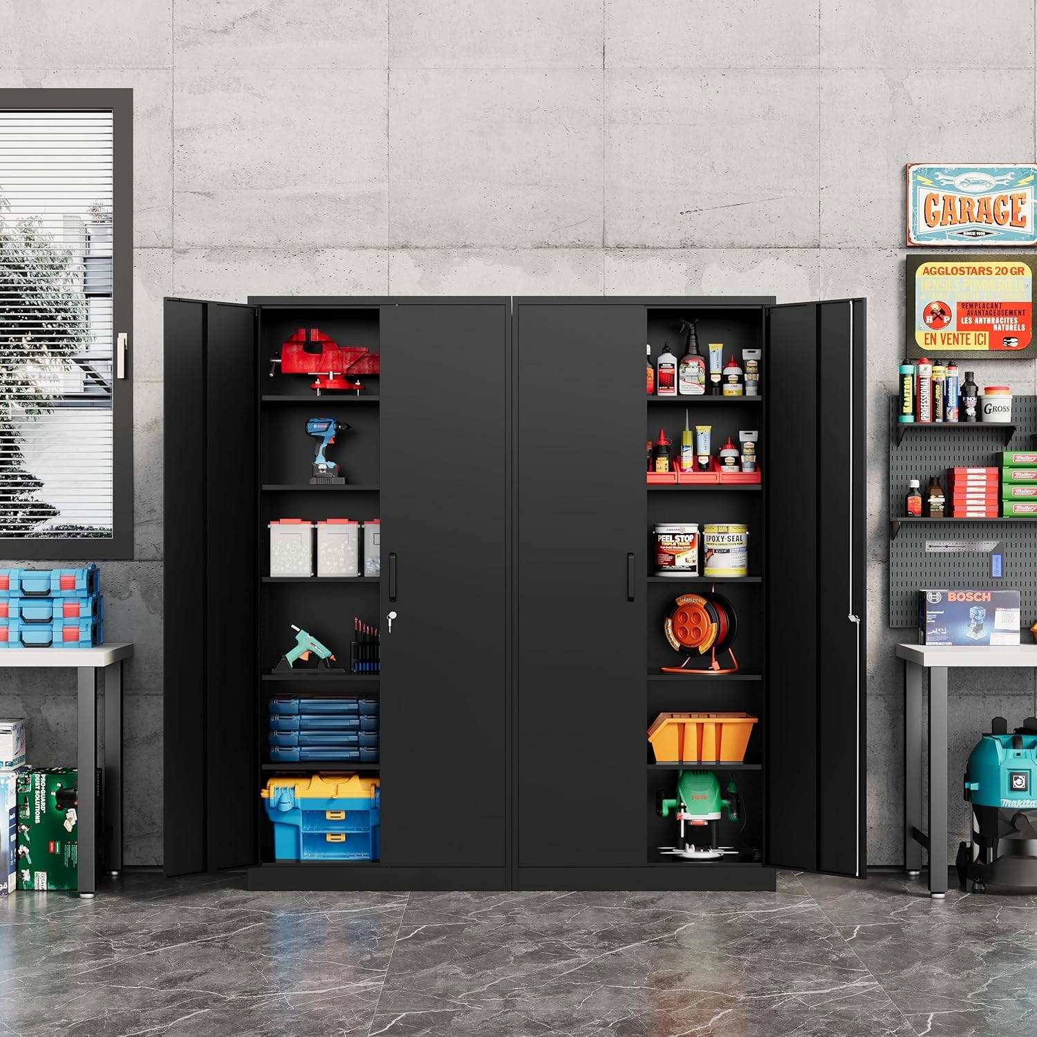 Metal Storage Cabinet-72” Tall Steel File Cabinet with Lockable Doors and Adjustable Shelves-Black Steel Storage Cabinet for Home, School, Office, Garage