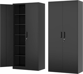 Metal Storage Cabinet-72” Tall Steel File Cabinet with Lockable Doors and Adjustable Shelves-Black Steel Storage Cabinet for Home, School, Office, Garage