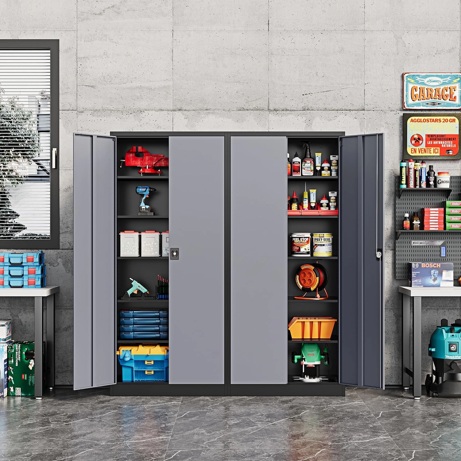 Metal Storage Cabinet-72” Tall Steel File Cabinets with Lockable Doors and Adjustable Shelves-Black&Gray Steel Storage Cabinet for Kitchen, Office, Garage