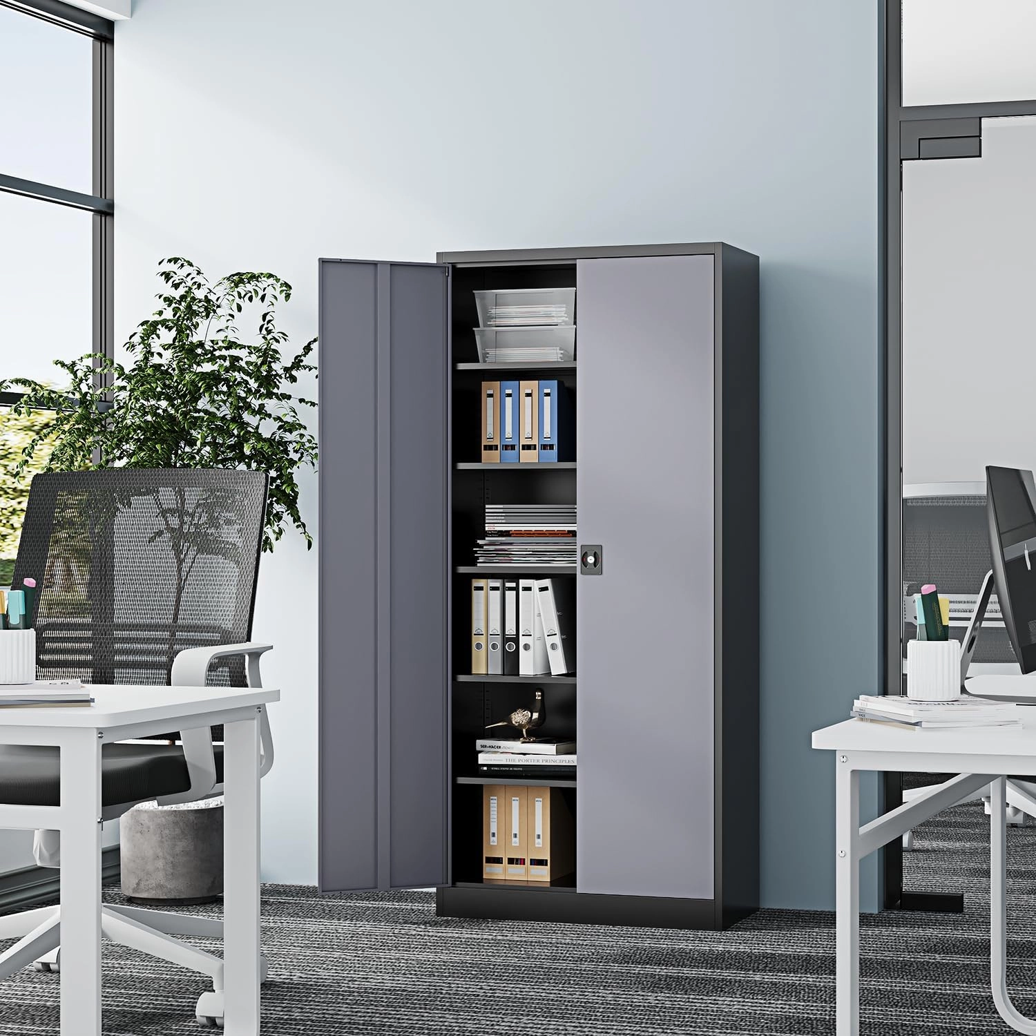 Metal Storage Cabinet-72” Tall Steel File Cabinets with Lockable Doors and Adjustable Shelves-Black&Gray Steel Storage Cabinet for Kitchen, Office, Garage