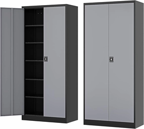 Metal Storage Cabinet-72” Tall Steel File Cabinets with Lockable Doors and Adjustable Shelves-Black&Gray Steel Storage Cabinet for Kitchen, Office, Garage
