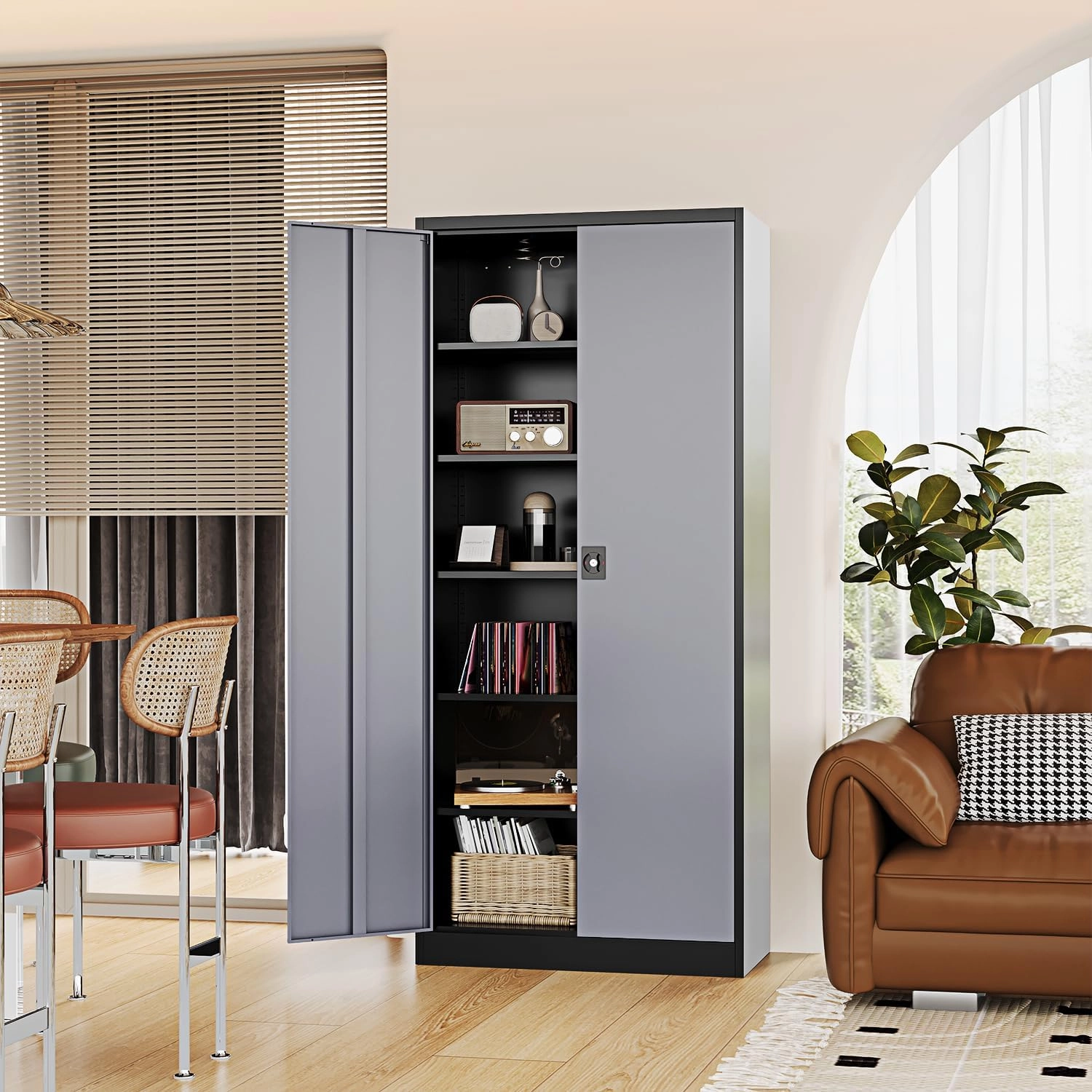 Metal Storage Cabinet-72” Tall Steel File Cabinets with Lockable Doors and Adjustable Shelves-Black&Gray Steel Storage Cabinet for Kitchen, Office, Garage