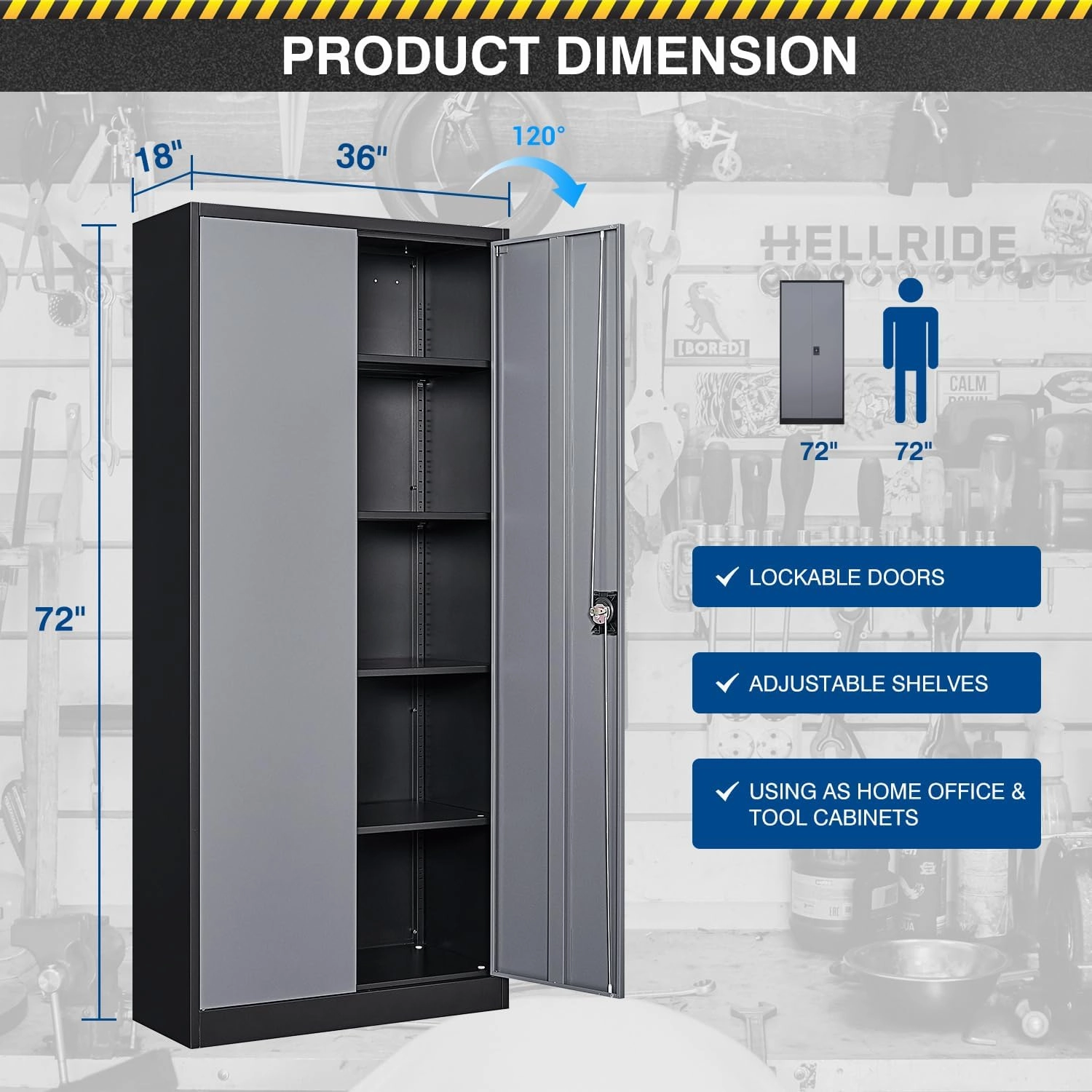 Metal Storage Cabinet-72” Tall Steel File Cabinets with Lockable Doors and Adjustable Shelves-Black&Gray Steel Storage Cabinet for Kitchen, Office, Garage
