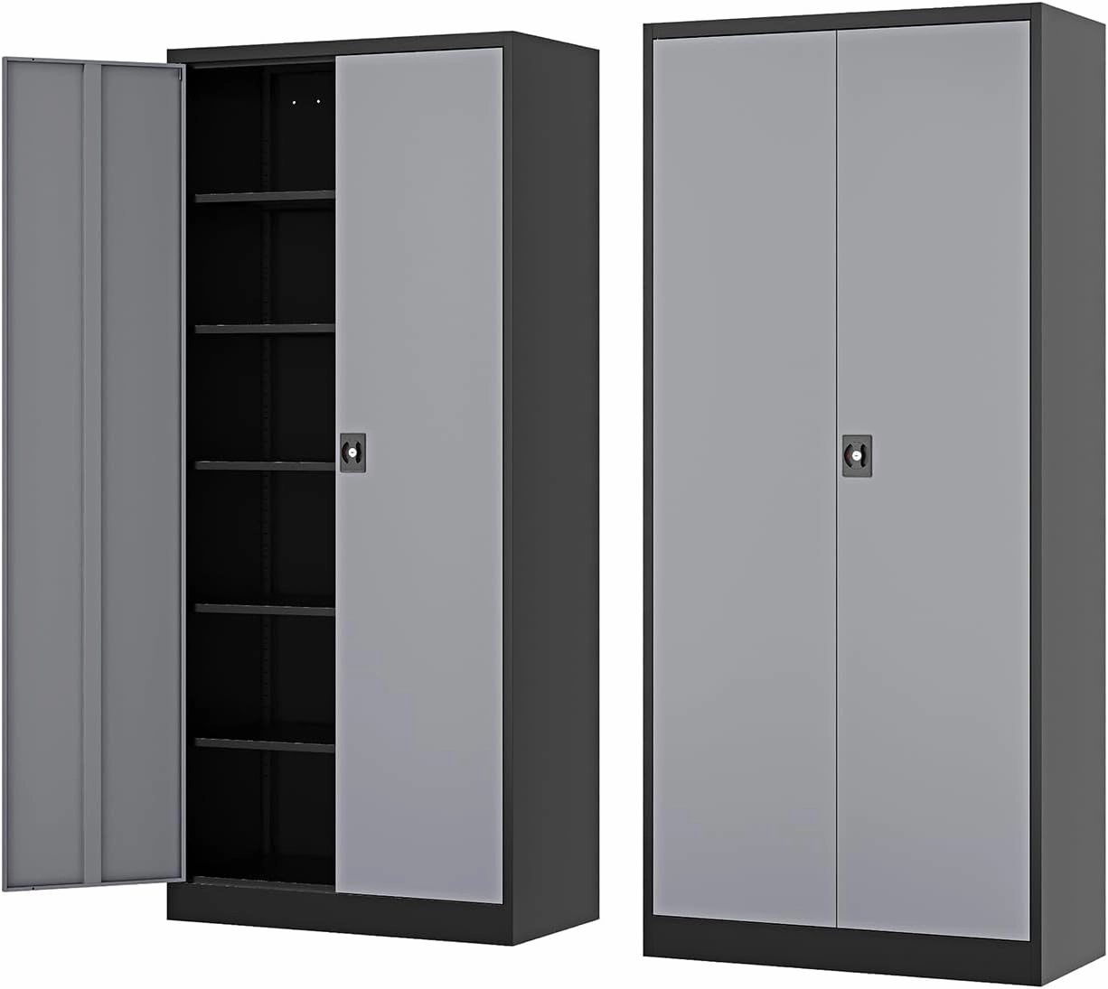 Metal Storage Cabinet-72” Tall Steel File Cabinets with Lockable Doors and Adjustable Shelves-Black&Gray Steel Storage Cabinet for Kitchen, Office, Garage