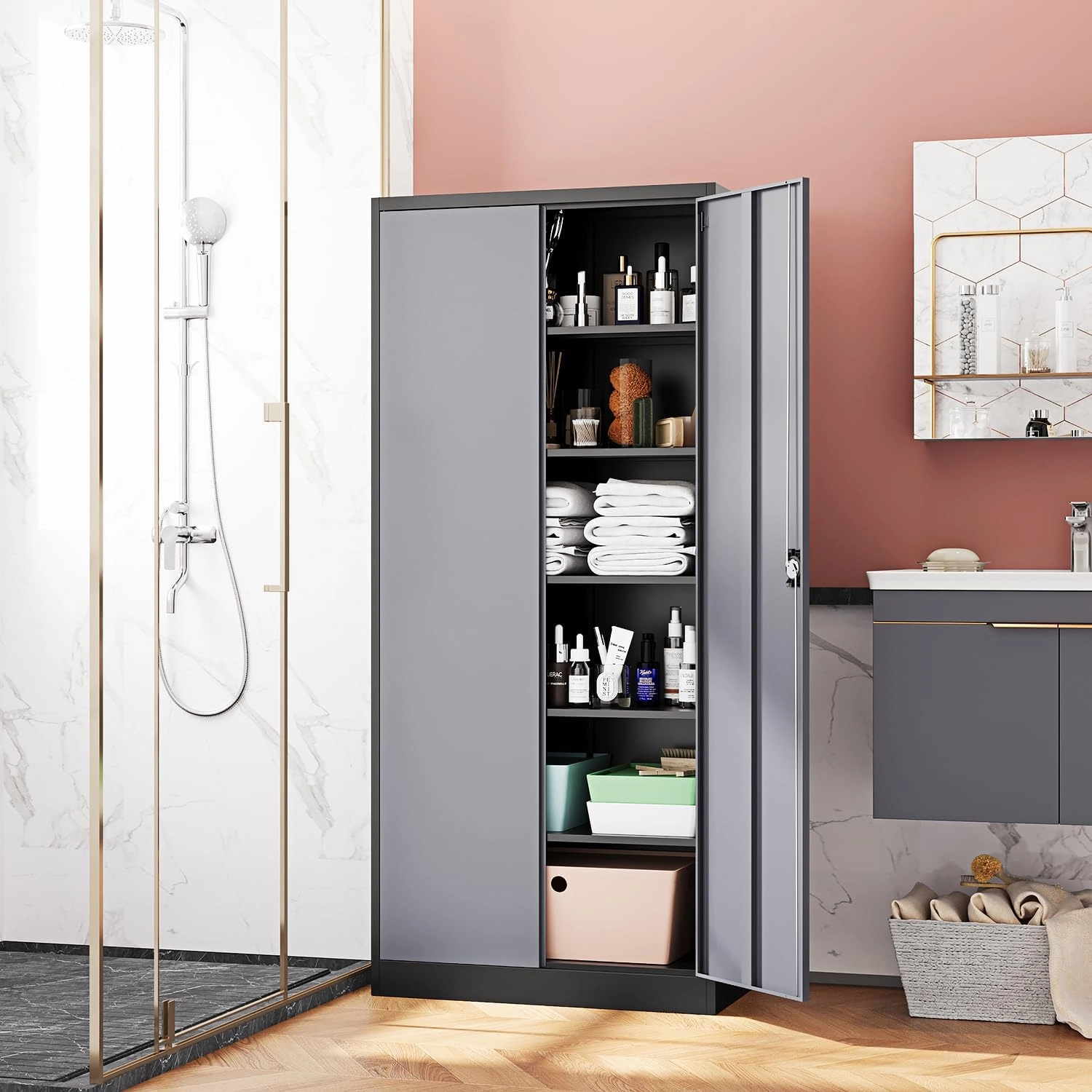 Metal Storage Cabinet-72” Tall Steel File Cabinets with Lockable Doors and Adjustable Shelves-Black&Gray Steel Storage Cabinet for Kitchen, Office, Garage