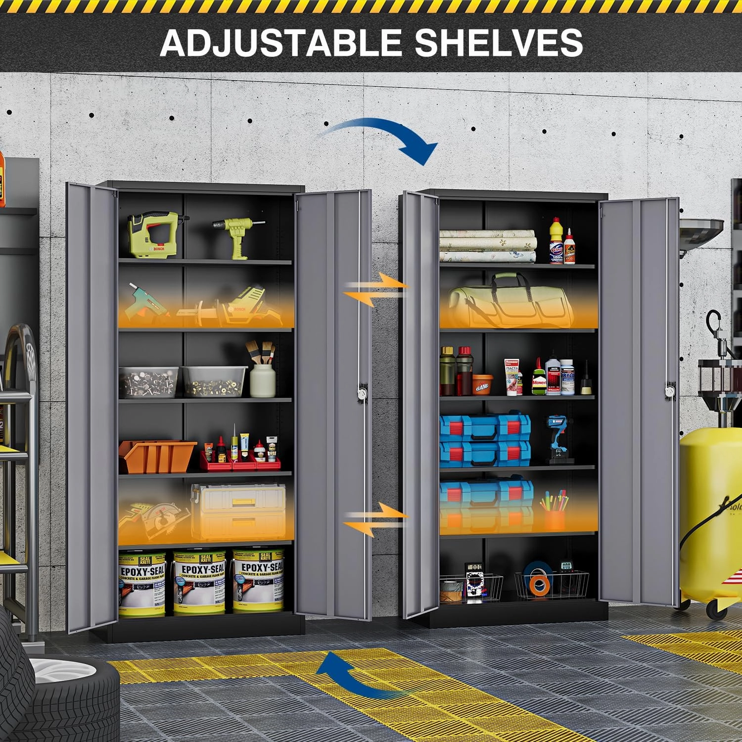 Metal Storage Cabinet-72” Tall Steel File Cabinets with Lockable Doors and Adjustable Shelves-Black&Gray Steel Storage Cabinet for Kitchen, Office, Garage