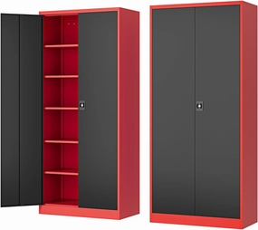 Metal Storage Cabinet-72” Tall Steel File Cabinets with Lockable Doors and Adjustable Shelves-Black&Red Steel Storage Cabinet for Kitchen, Office, Garage