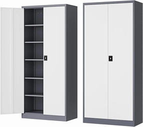 Metal Storage Cabinet-72” Tall Steel File Cabinets with Lockable Doors and Adjustable Shelves-White&Gray Steel Storage Cabinet for Home Kitchen, Office, Garage