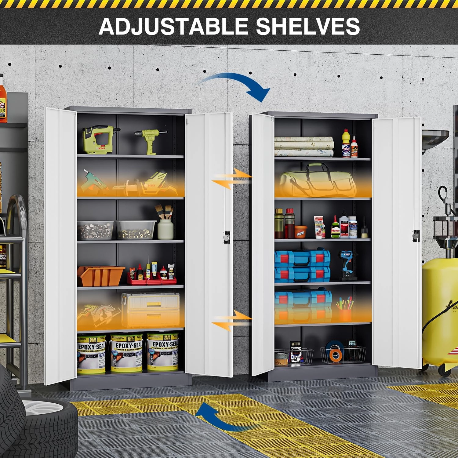 Metal Storage Cabinet-72” Tall Steel File Cabinets with Lockable Doors and Adjustable Shelves-White&Gray Steel Storage Cabinet for Home Kitchen, Office, Garage