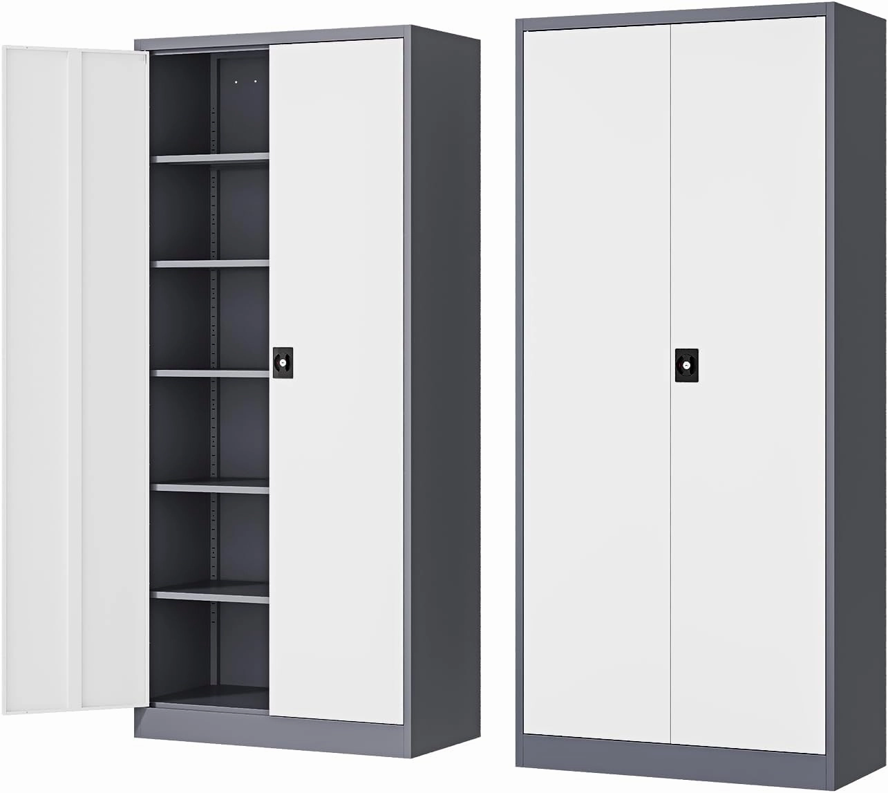 Metal Storage Cabinet-72” Tall Steel File Cabinets with Lockable Doors and Adjustable Shelves-White&Gray Steel Storage Cabinet for Home Kitchen, Office, Garage