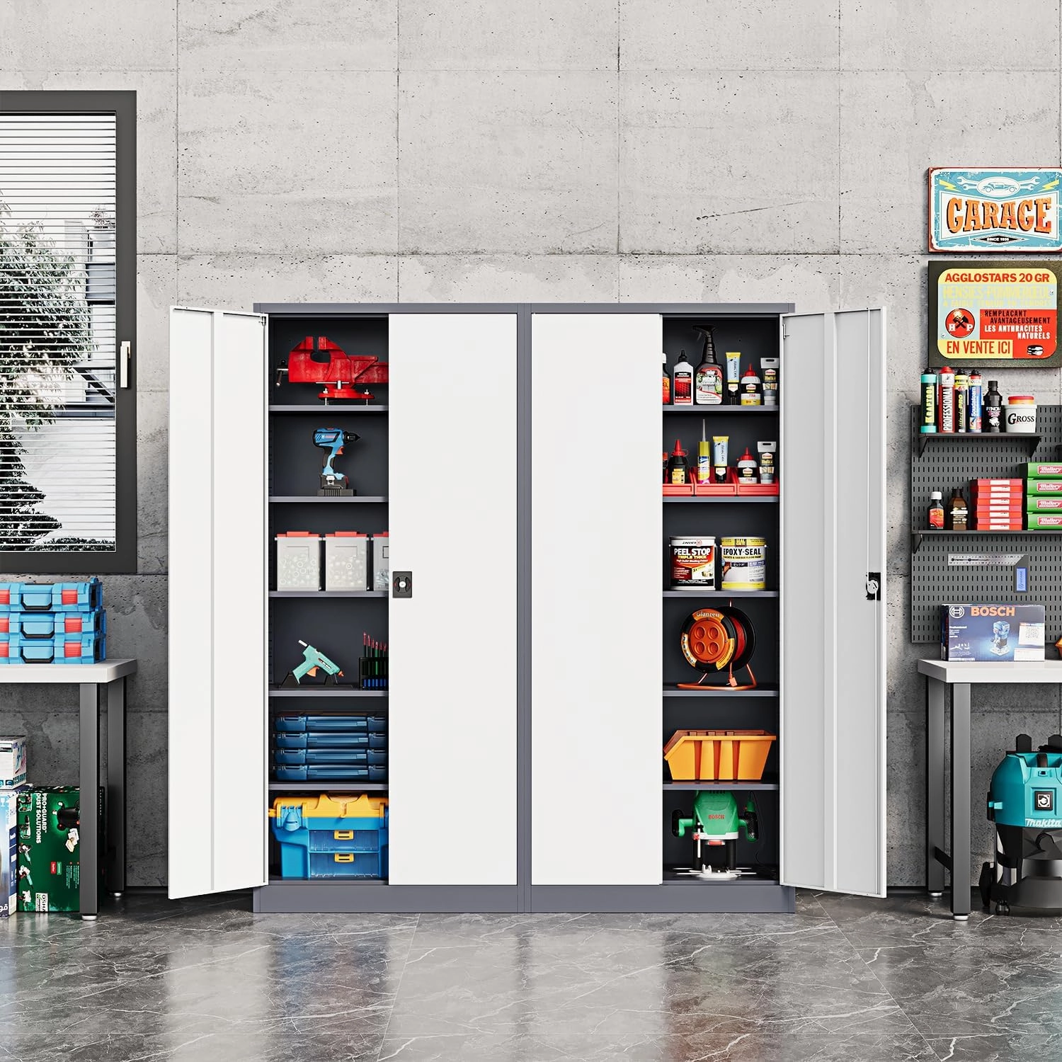 Metal Storage Cabinet-72” Tall Steel File Cabinets with Lockable Doors and Adjustable Shelves-White&Gray Steel Storage Cabinet for Home Kitchen, Office, Garage