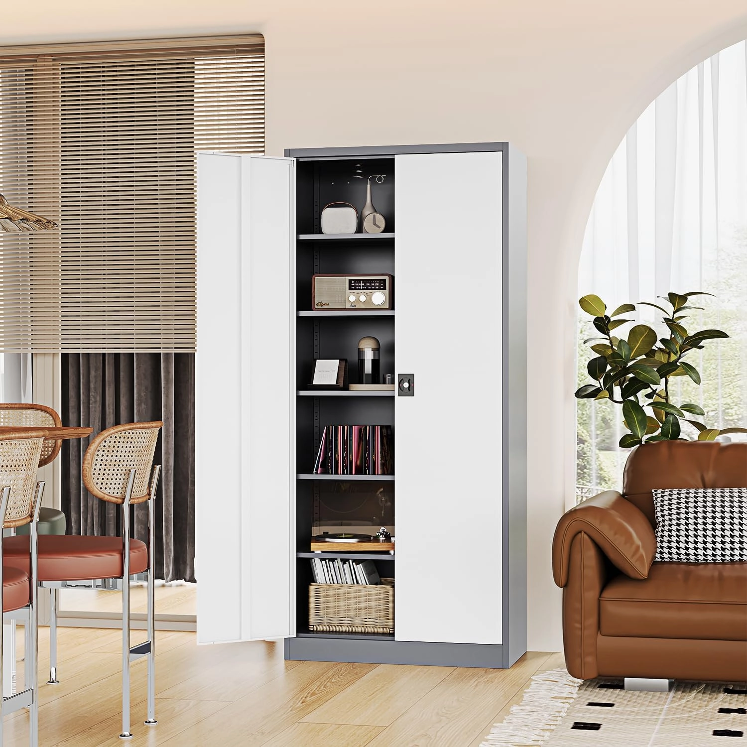Metal Storage Cabinet-72” Tall Steel File Cabinets with Lockable Doors and Adjustable Shelves-White&Gray Steel Storage Cabinet for Home Kitchen, Office, Garage