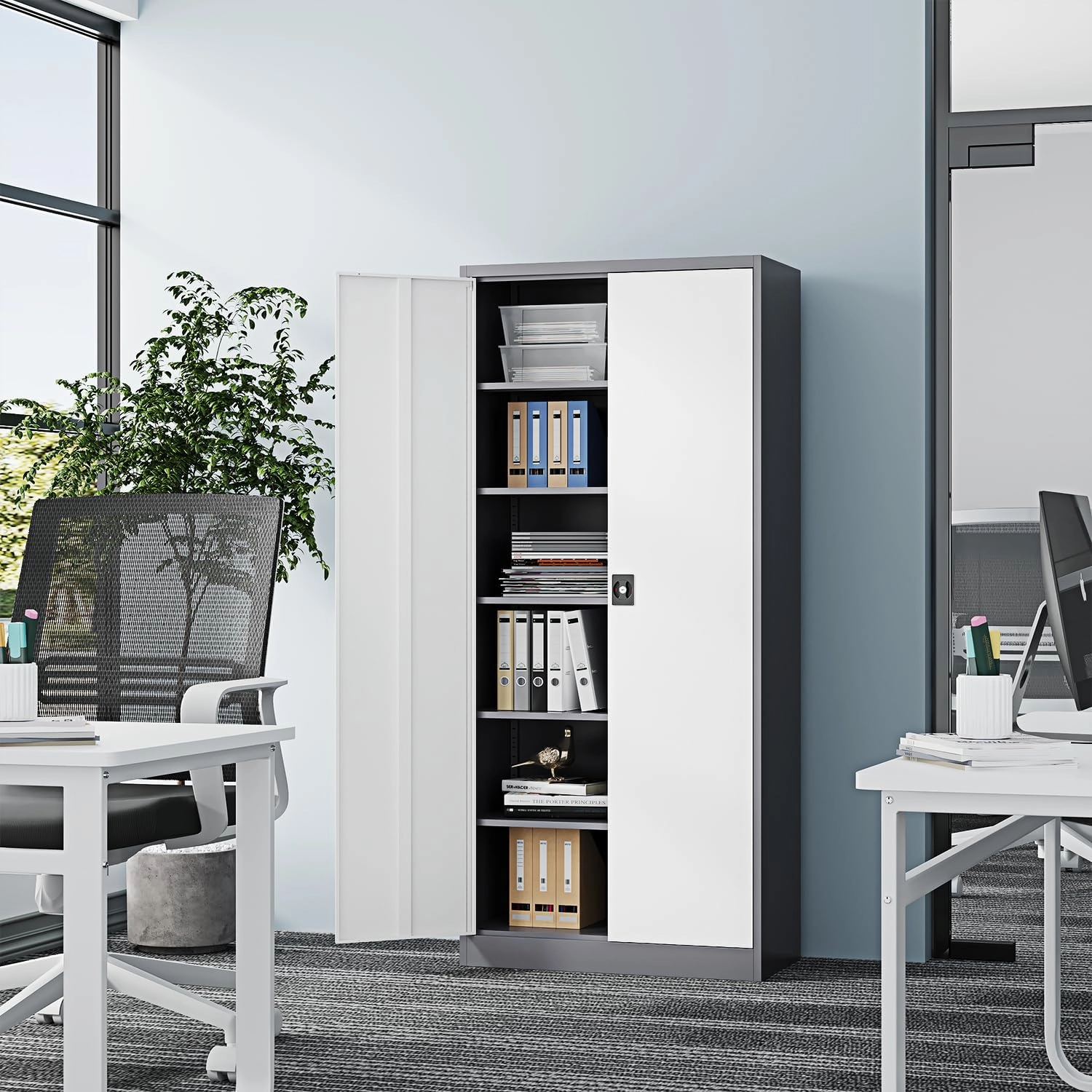 Metal Storage Cabinet-72” Tall Steel File Cabinets with Lockable Doors and Adjustable Shelves-White&Gray Steel Storage Cabinet for Home Kitchen, Office, Garage