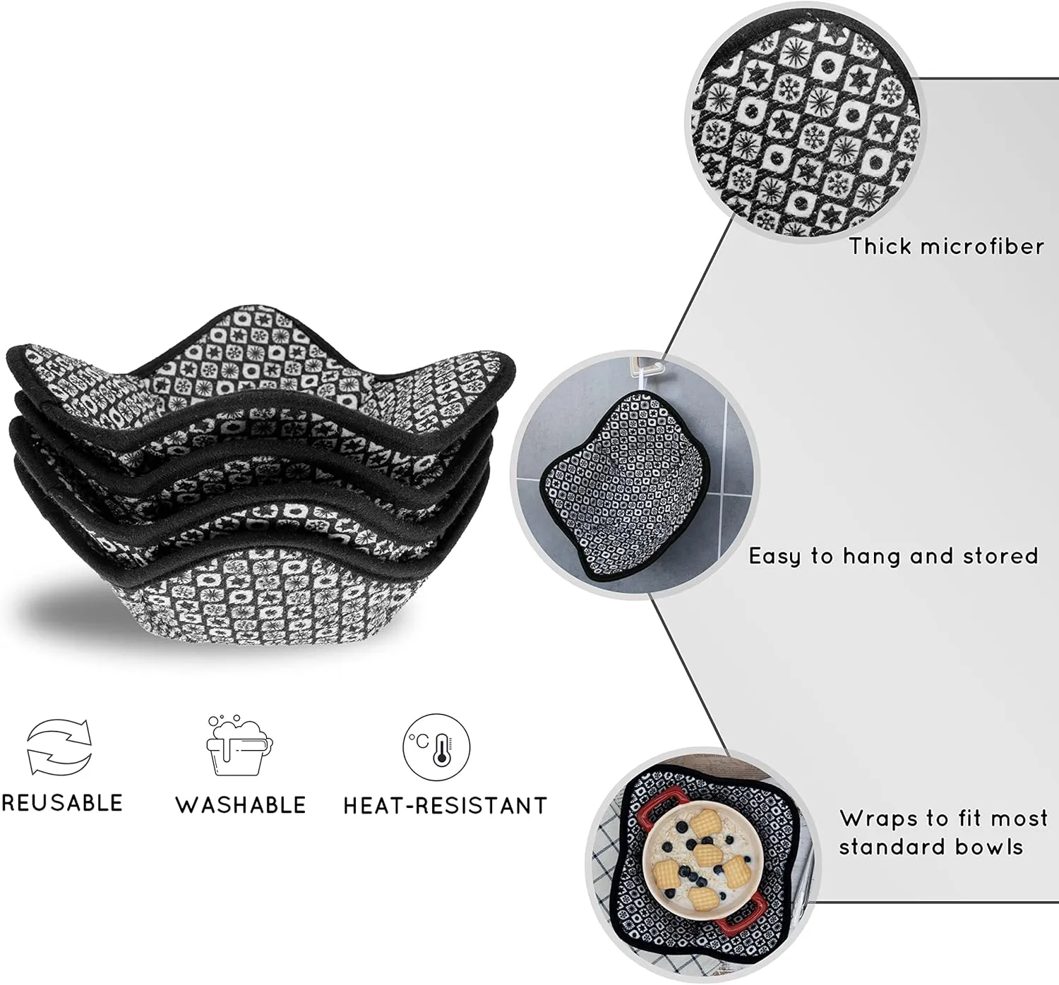 Microwave Bowl Cozy Huggers Set of 4 – for Hot and Cold Bowls, Plates and Dishes Bowl Holder for Microwave (Black and White)