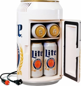 Miller Lite Mini Fridge - Refrigerator for Bedroom Office, Portable Table Top Beverage Cooler, 12V 110V Refrigerador For Drinks, Soda, Wines, Breast Milk, Use In Car, Outdoor, Patio, 8 Can