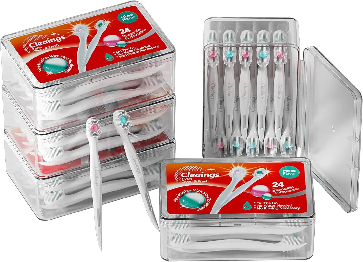 Mini Brushes-Disposable Toothbrushes with Cleaning Beads Toothpaste and Pick for Work or Travel, 24 Count-Mix Flavor（Pack of 5）