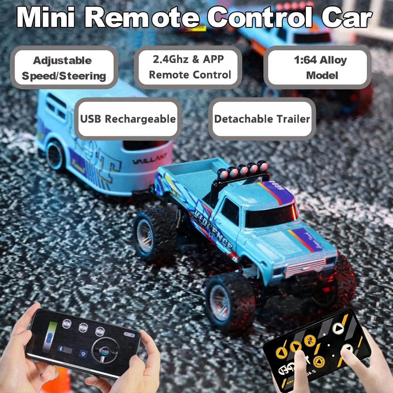 Mini RC Car, 1/64 Scale Mini Remote Control Monster Truck with Trailer, 2.4Ghz & APP Remote Control, Rechargeable Alloy Shell Mini RC Cars with Lights, Speed/Steering Adjustable (Blue)