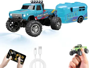 Mini RC Car, 1/64 Scale Mini Remote Control Monster Truck with Trailer, 2.4Ghz & APP Remote Control, Rechargeable Alloy Shell Mini RC Cars with Lights, Speed/Steering Adjustable (Blue)