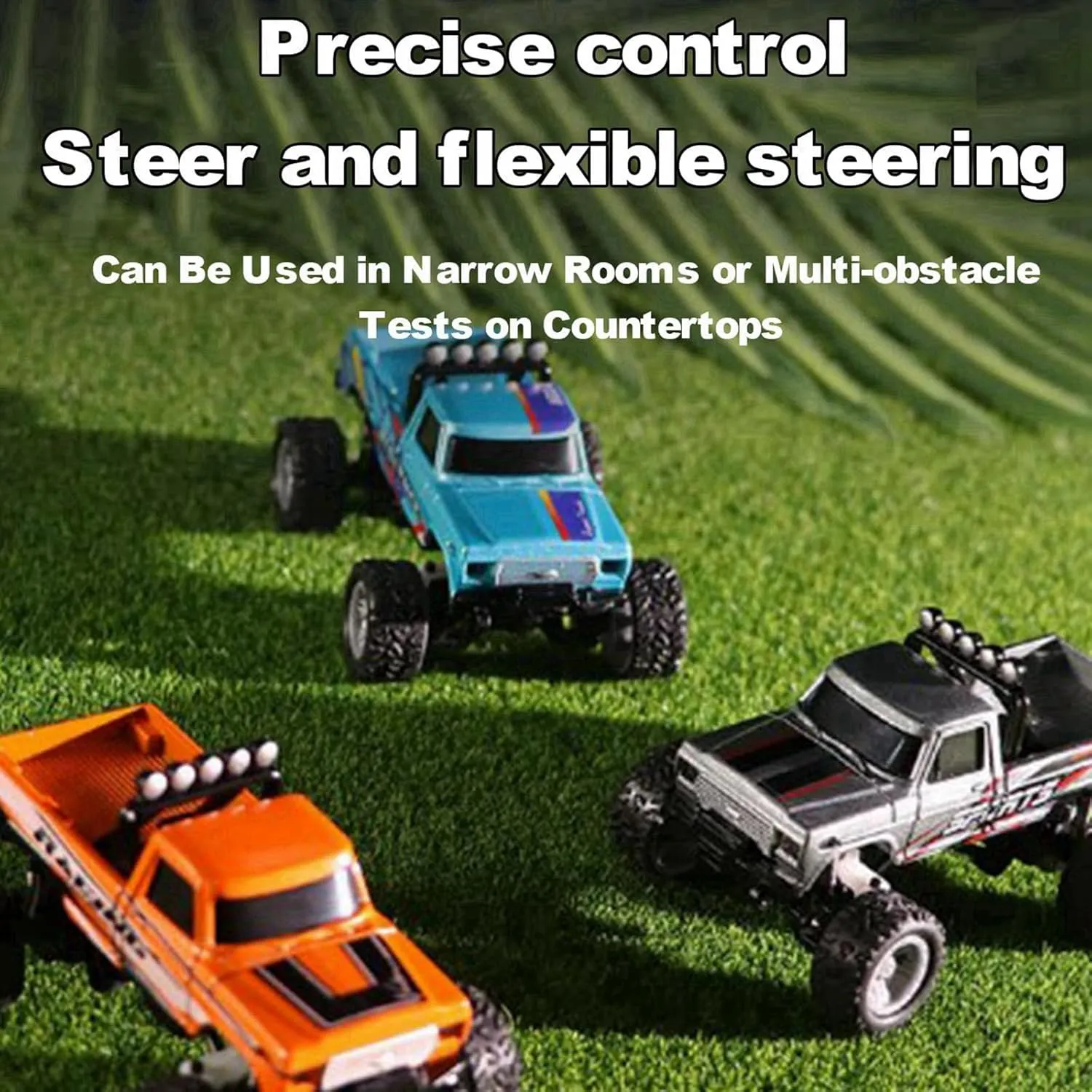 Mini RC Car, 1/64 Scale Mini Remote Control Monster Truck with Trailer, 2.4Ghz & APP Remote Control, Rechargeable Alloy Shell Mini RC Cars with Lights, Speed/Steering Adjustable (Blue)