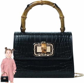 Mini Bamboo Handle Kids Purse: Crocodile Leather Pattern Toddler Handbag, Midnight Onyx Black, Christmas, Birthday, or Holiday Present for Girls' Parties