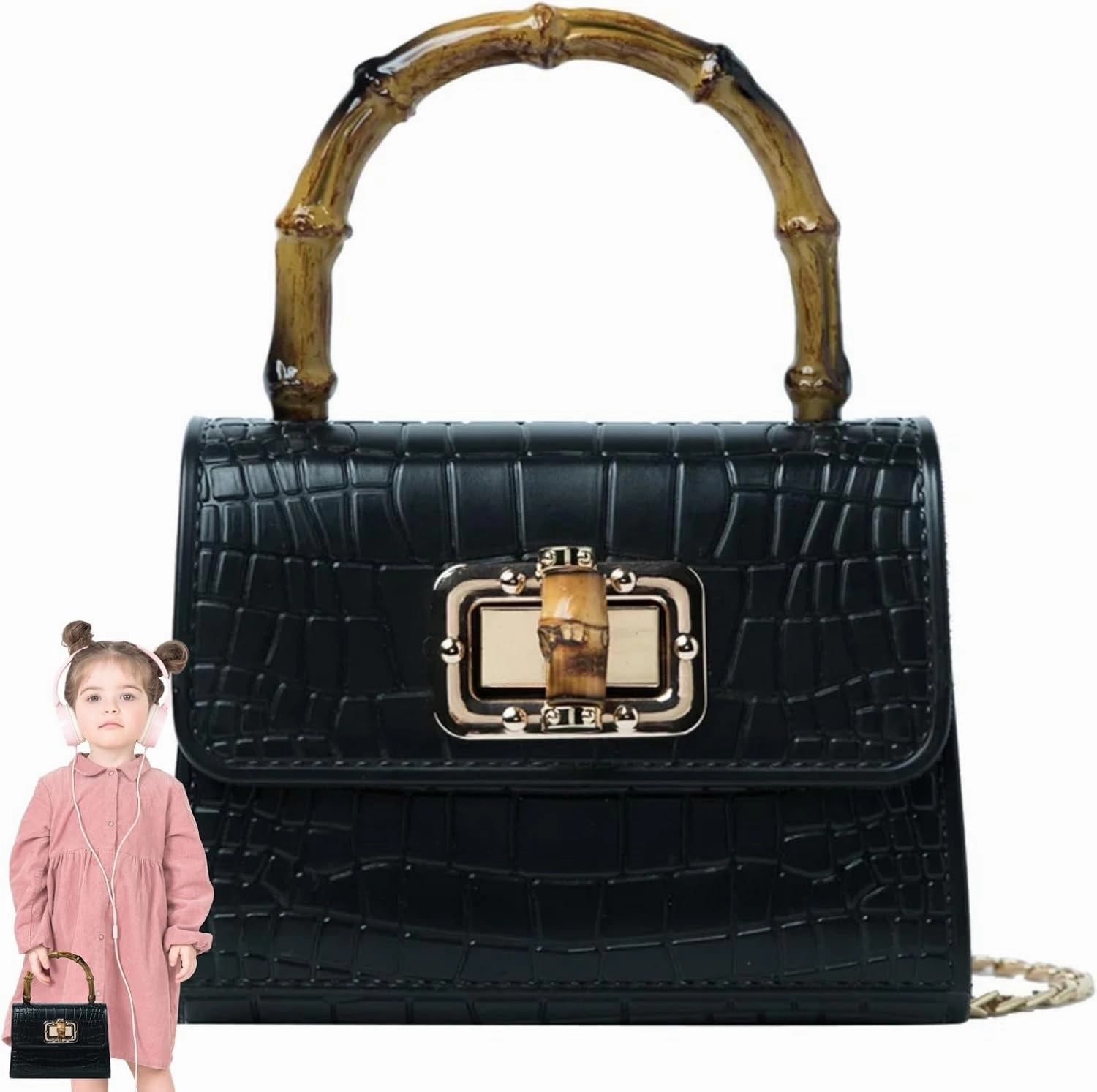 Mini Bamboo Handle Kids Purse: Crocodile Leather Pattern Toddler Handbag, Midnight Onyx Black, Christmas, Birthday, or Holiday Present for Girls' Parties
