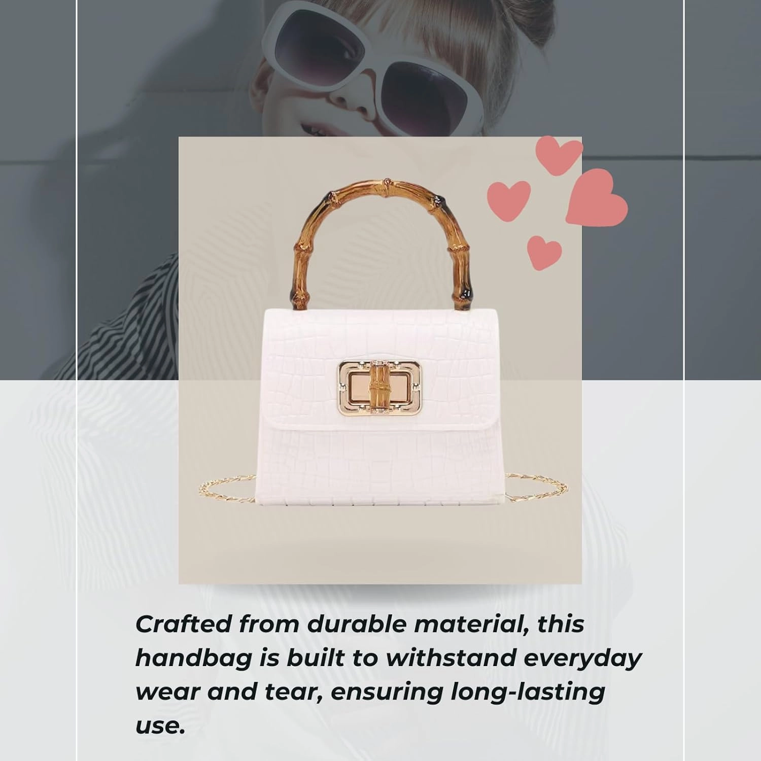 Mini Bamboo Handle Kids Purse: Crocodile Leather Pattern Toddler Handbag, Multiple Colour, with Sunglasses Option