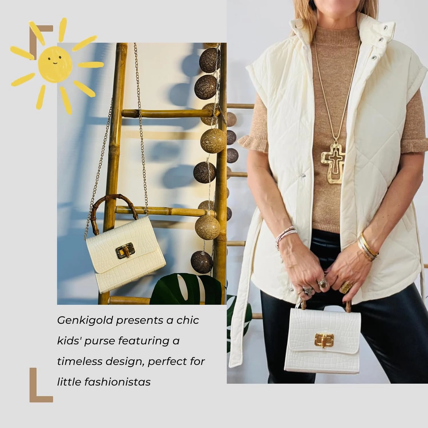 Mini Bamboo Handle Kids Purse: Crocodile Leather Pattern Toddler Handbag, Multiple Colour, with Sunglasses Option