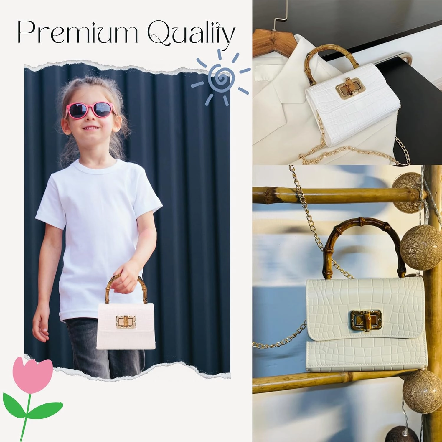 Mini Bamboo Handle Kids Purse: Crocodile Leather Pattern Toddler Handbag, Multiple Colour, with Sunglasses Option