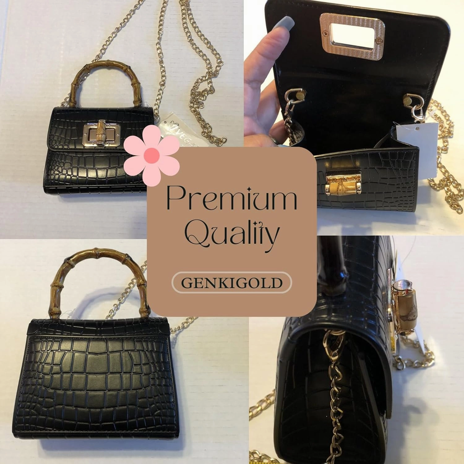 Mini Bamboo Handle Kids Purse: Crocodile Leather Pattern Toddler Handbag, Multiple Colour, with Sunglasses Option