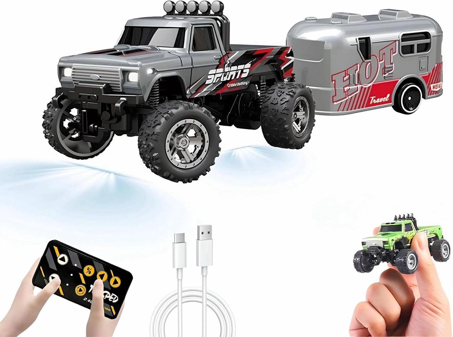 Mini RC Car, 1/64 Scale Mini Remote Control Monster Truck with Trailer, 2.4Ghz & APP Remote Control, Rechargeable Alloy Shell Mini RC Cars with Lights, Speed/Steering Adjustable (Grey)