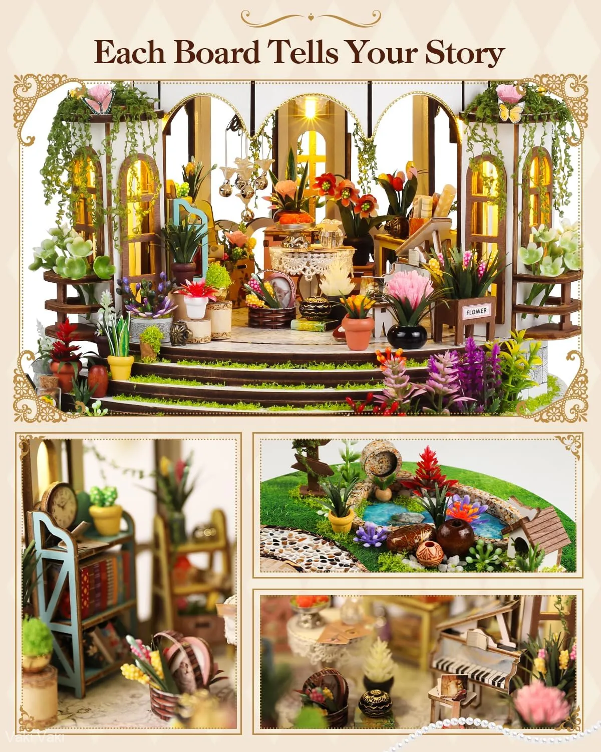 Miniature House Kit with LED Light, Book Nook Kit with Cover for Birthday, 3D Wooden Bookends Puzzle, Bookshelf Decor for Adults, Teens, Beginners (Hanging Garden)