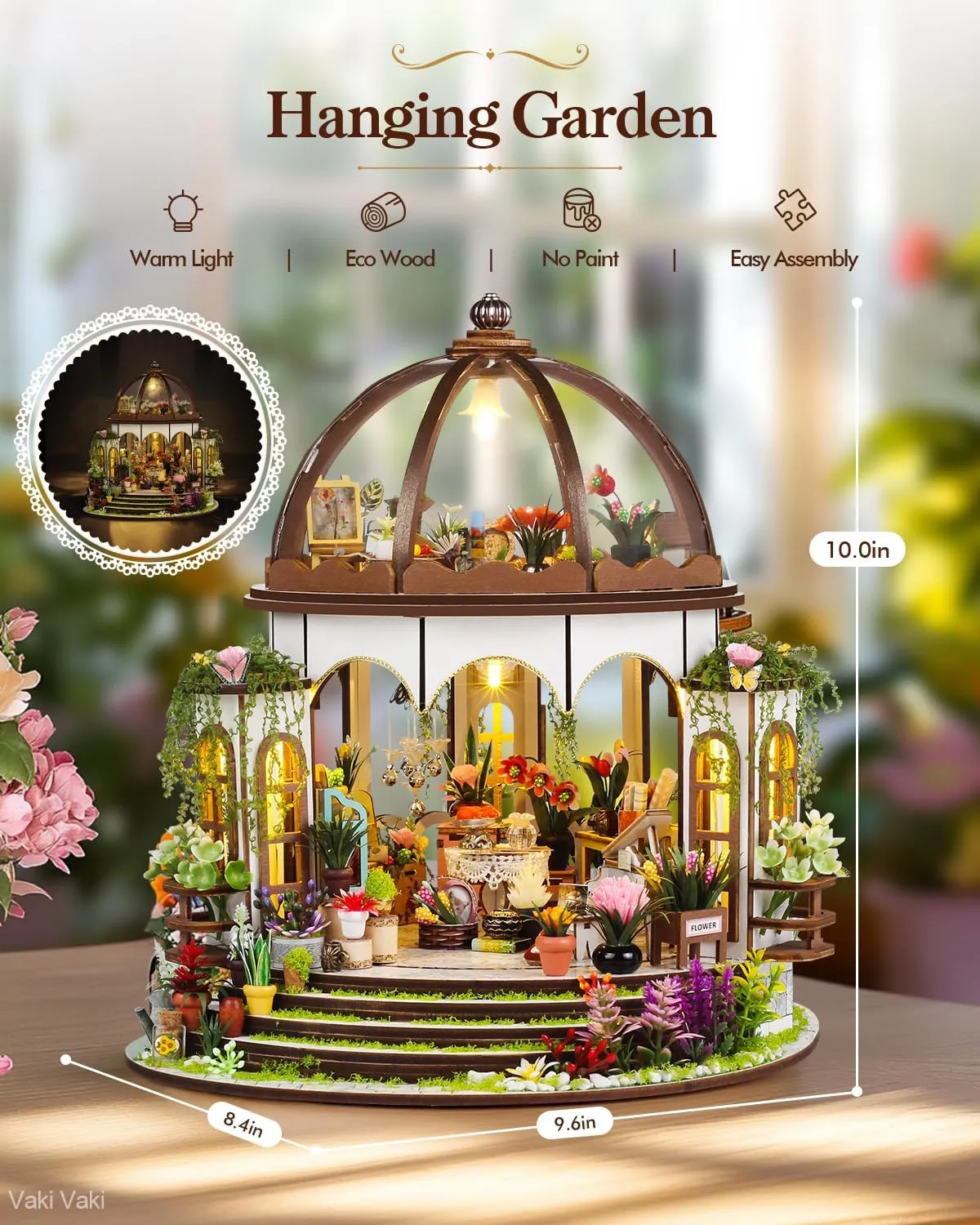 Miniature House Kit with LED Light, Book Nook Kit with Cover for Birthday, 3D Wooden Bookends Puzzle, Bookshelf Decor for Adults, Teens, Beginners (Hanging Garden)