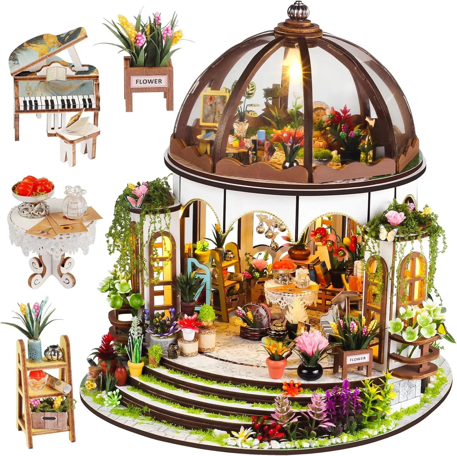 Miniature House Kit with LED Light, Book Nook Kit with Cover for Birthday, 3D Wooden Bookends Puzzle, Bookshelf Decor for Adults, Teens, Beginners (Hanging Garden)