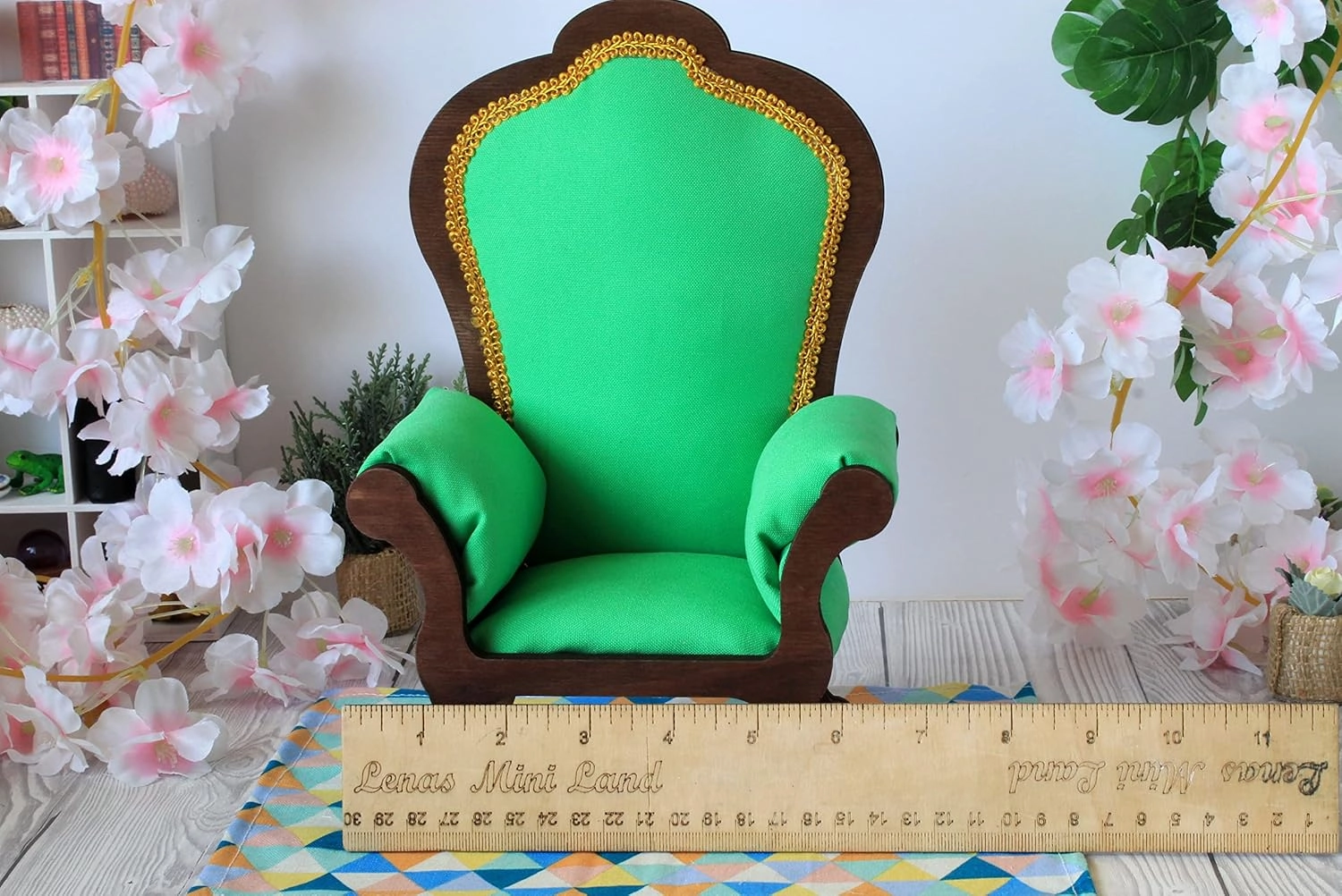 Miniature chair 1:6 scale wooden upholstered with colorful gabardine fabric (green)