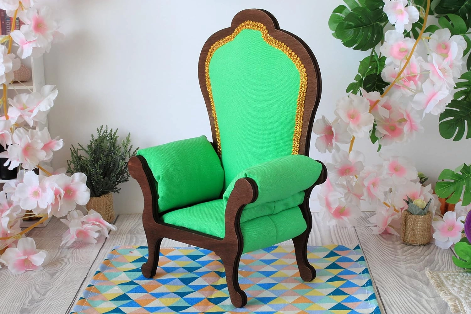 Miniature chair 1:6 scale wooden upholstered with colorful gabardine fabric (green)