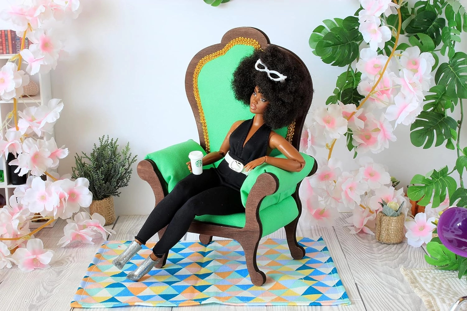 Miniature chair 1:6 scale wooden upholstered with colorful gabardine fabric (green)