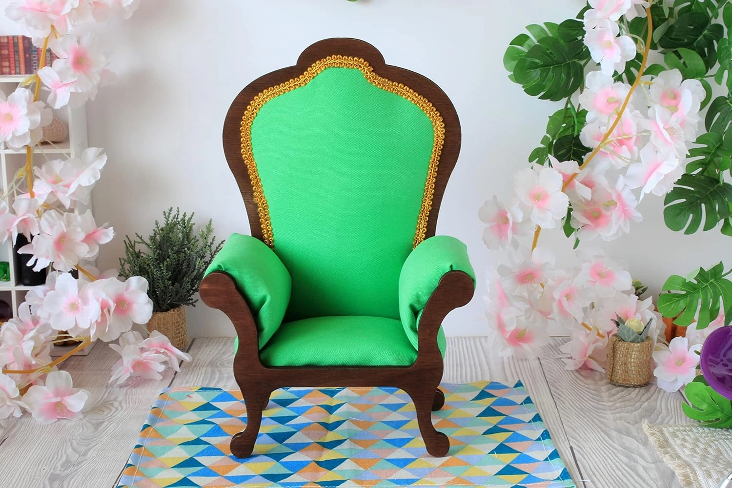 Miniature chair 1:6 scale wooden upholstered with colorful gabardine fabric (green)