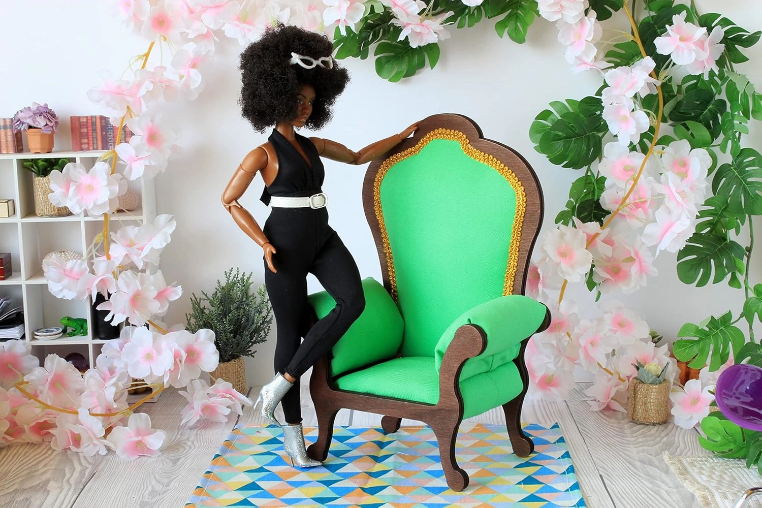 Miniature chair 1:6 scale wooden upholstered with colorful gabardine fabric (green)