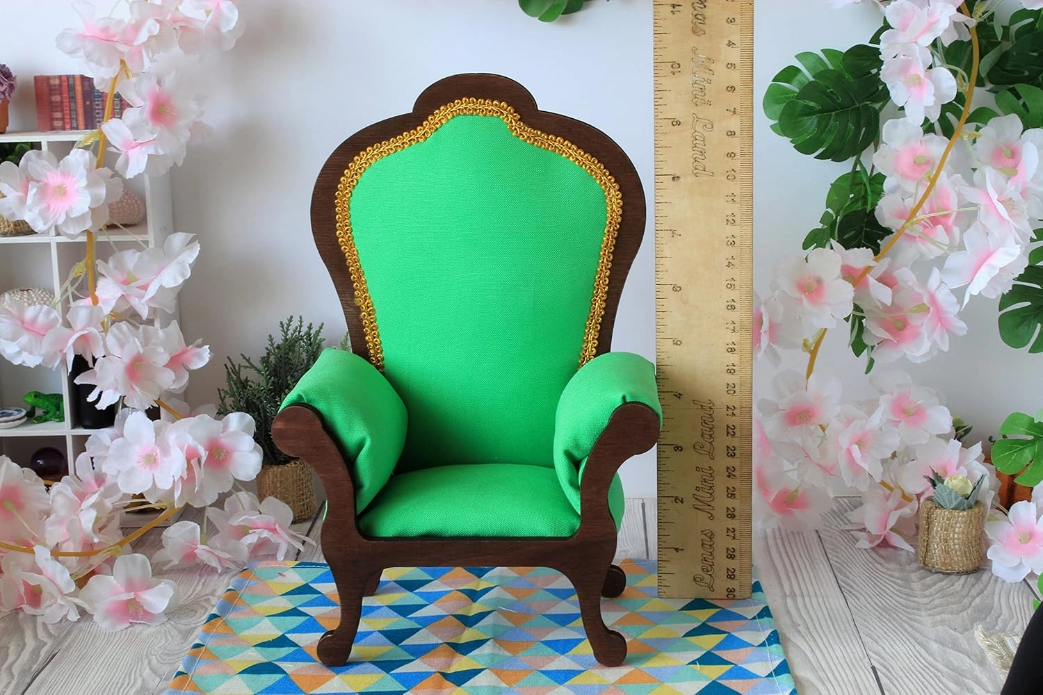 Miniature chair 1:6 scale wooden upholstered with colorful gabardine fabric (green)