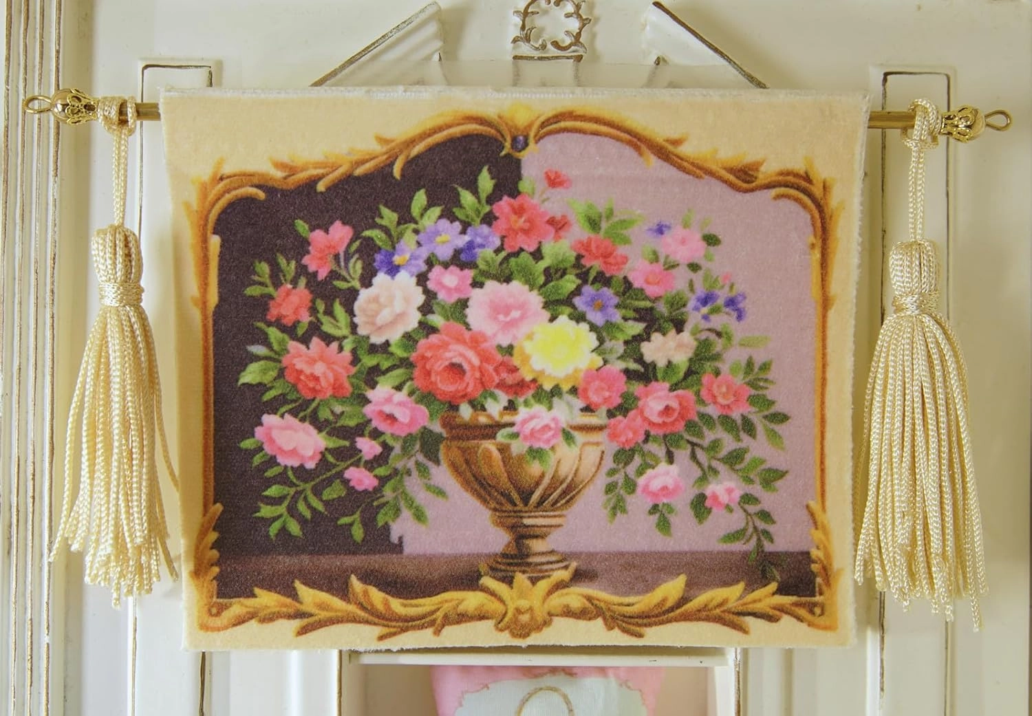 Miniature Dollhouse Tapestry - Colorful Roses in Vase with Gold Frame