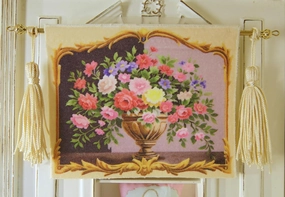 Miniature Dollhouse Tapestry - Colorful Roses in Vase with Gold Frame