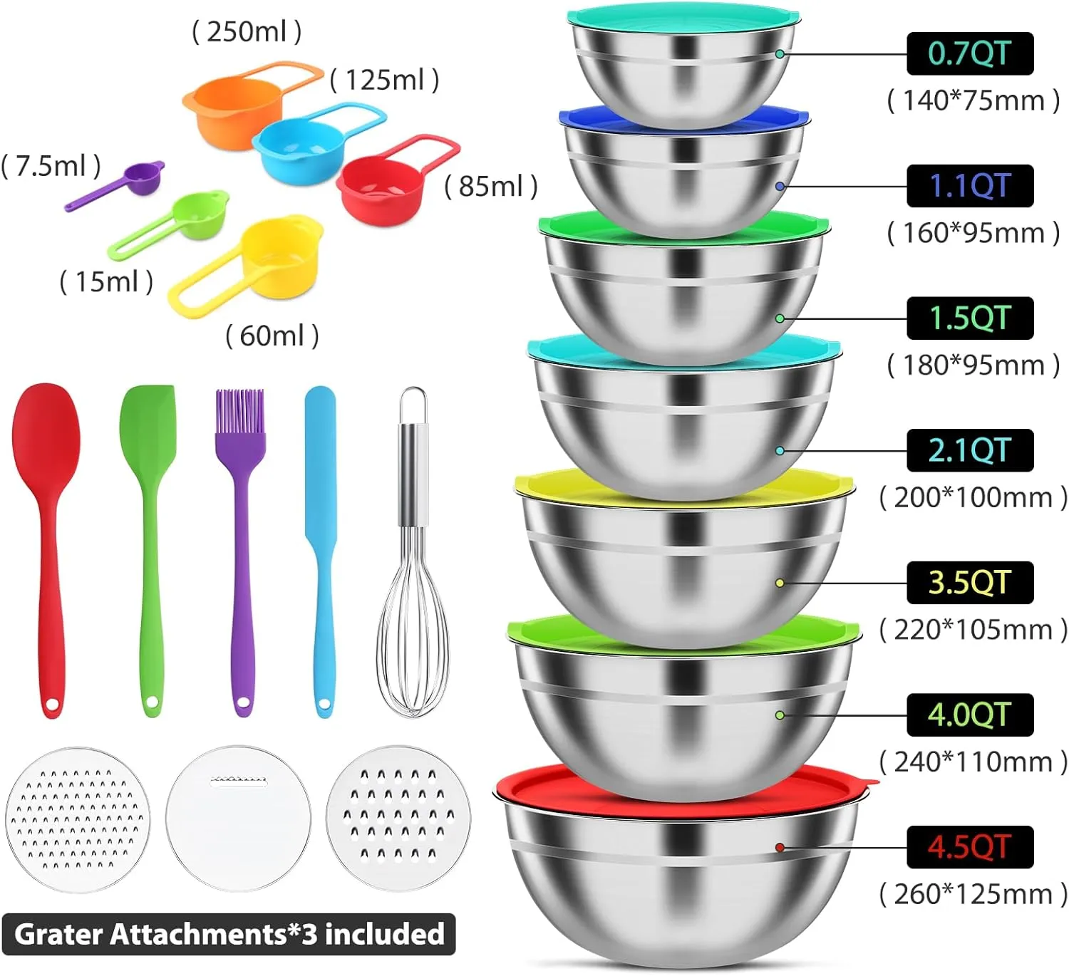 Mixing Bowls with Lids Set, 7 PCS Stainless Steel Mixing Bowls with 3 Grater Attachments, Size 4.5, 4, 3.5, 2.1, 1.5, 1.1, 0.7QT, Ideal for Kitchen Cooking Baking & Serving