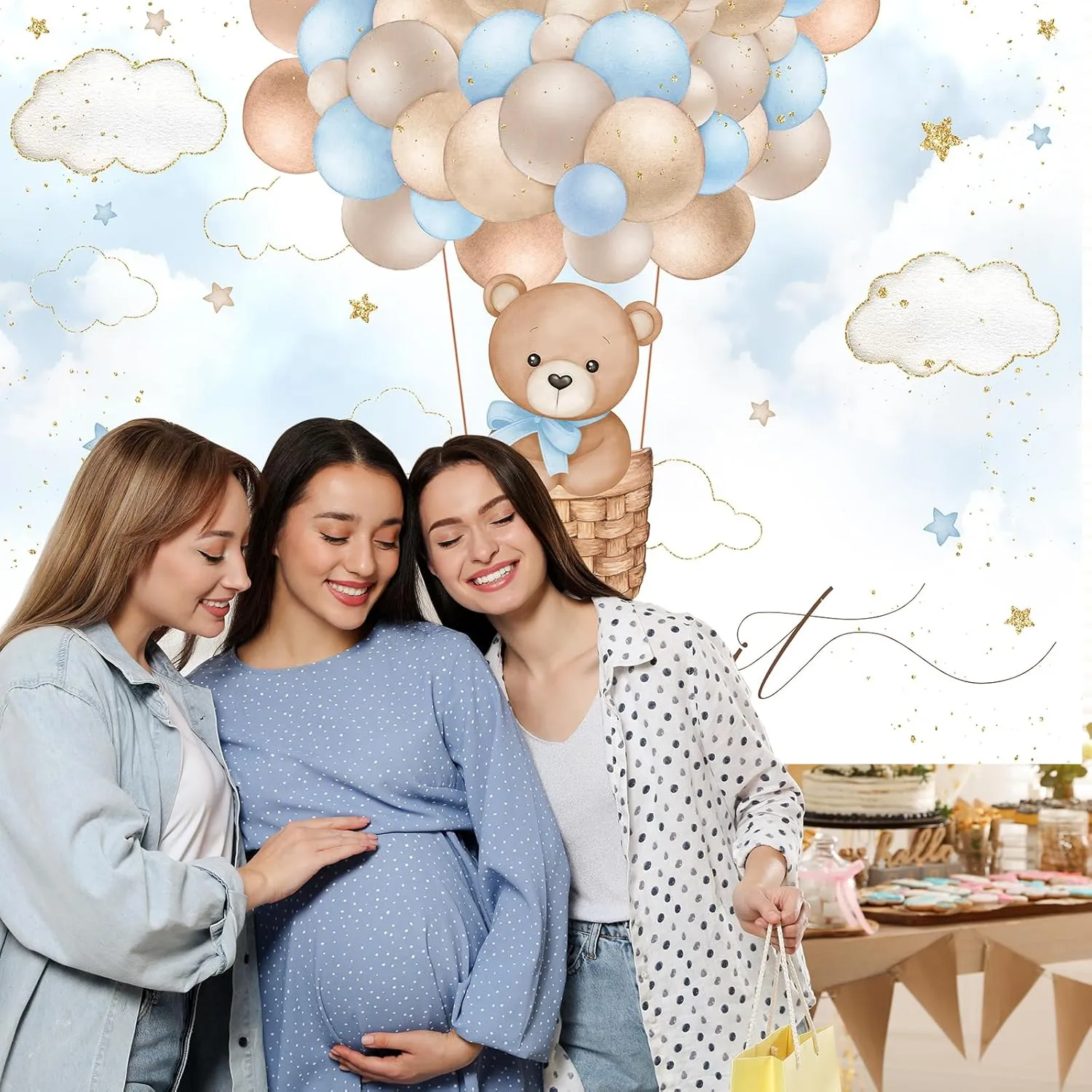 Mocsicka Blue Bear Hot Air Balloon Backdrop Boy Bear Balloons Baby Shower Background We Can Bearly Wait Baby Shower Party Cake Table Decoration Photo Booth Props (8x6ft)