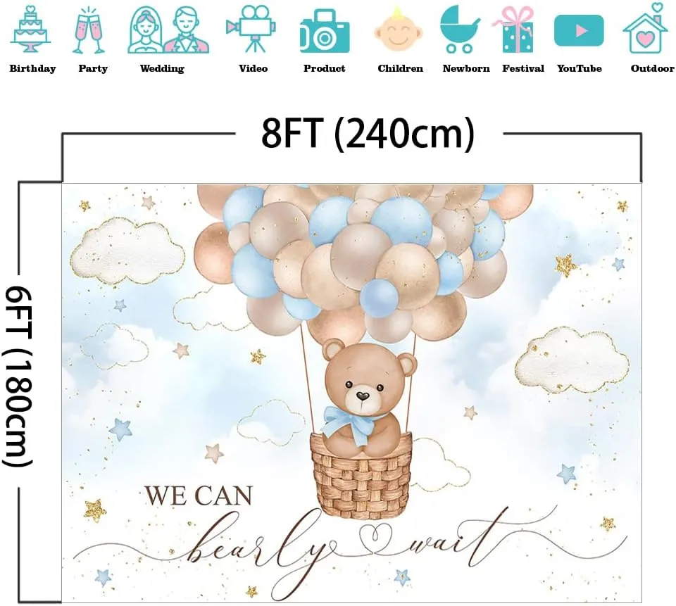 Mocsicka Blue Bear Hot Air Balloon Backdrop Boy Bear Balloons Baby Shower Background We Can Bearly Wait Baby Shower Party Cake Table Decoration Photo Booth Props (8x6ft)